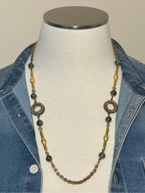 MIRIAM HASKELL GOLD TONE BAMBOO LINK JADE NECKLACE